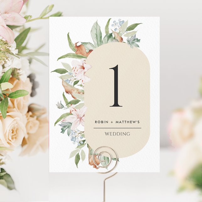 Número de Mesa de Boda Elegante Beige, Floraciones (Subido por el creador)