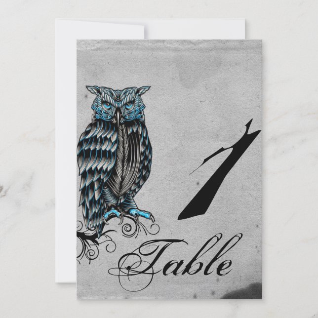Número de Mesa de Boda Elegante Búho Gótico Azul (Anverso)