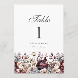 Número de mesa de boda elegante burgundy y dusty r