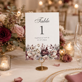 Número de mesa de boda elegante burgundy y dusty r