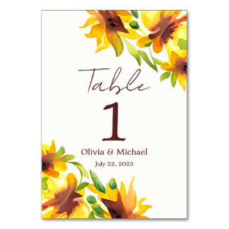 Número de mesa de boda elegante con girasoles en a