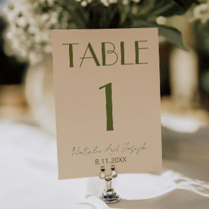 Número de mesa de boda elegante de oliva verde ant