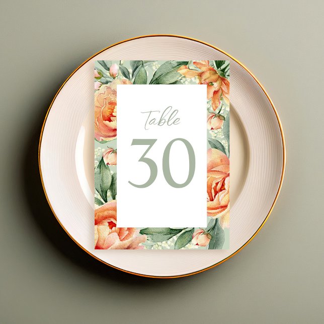 Número de Mesa de Boda Elegante Floral Verde Meloc (Elegant watercolor wedding table number with peach and blue floral. )