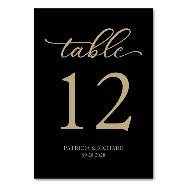 Número de Mesa de Boda Elegante Script Dorado Negr (Anverso)