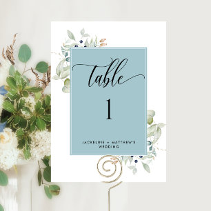 Número de Mesa de Boda Elegante Verde, Azul Niebla