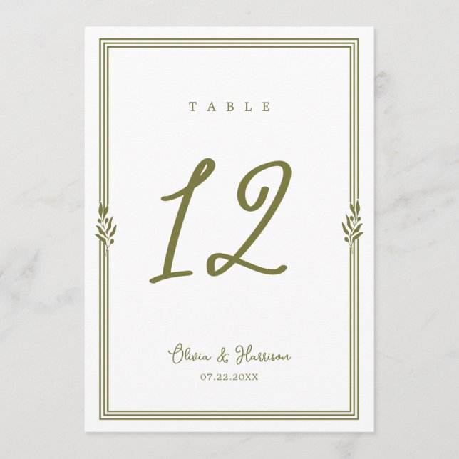 Número de mesa de boda elegante verde oliva toscan (Anverso)