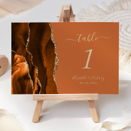 Número de mesa de boda en ágata dorada naranja que