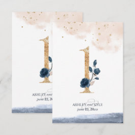 Número de mesa de boda en azul marino, rosa y dora