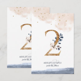 Número de mesa de boda en azul marino, rosado y do