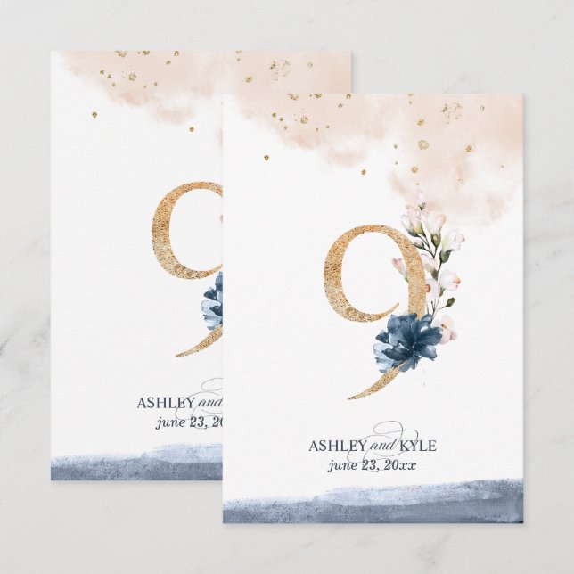 Número de mesa de boda en azul marino, rosado y do (Anverso / Reverso)