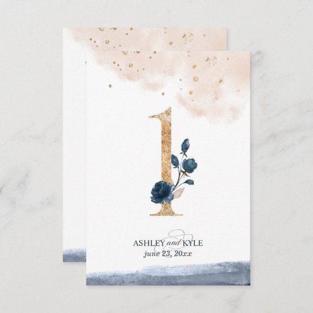 Número de mesa de boda en azul marino, rosado y do (Anverso / Reverso)