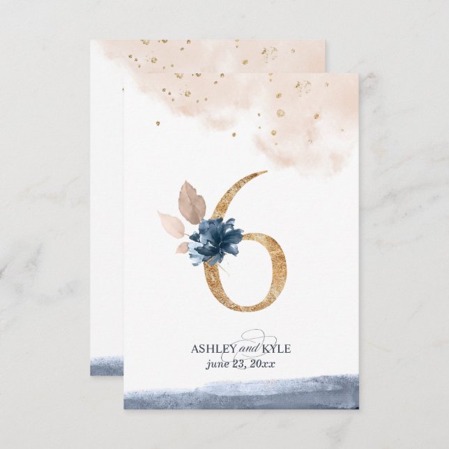 Número de mesa de boda en azul marino, rosado y do (Anverso / Reverso)