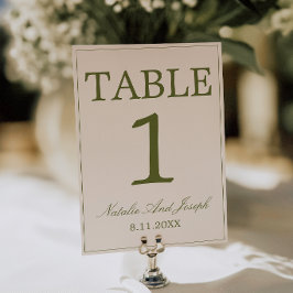Número de mesa de boda en crema verde oliva Old Mo
