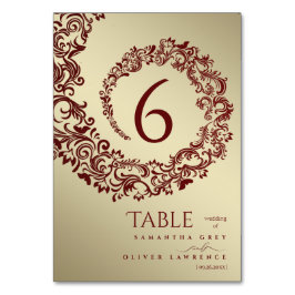 Número de Mesa de Boda en Damasco Rojo y Dorado El
