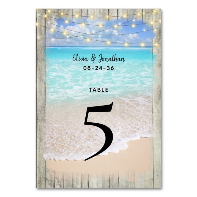 Número de mesa de boda en la playa de madera rústi (Anverso)
