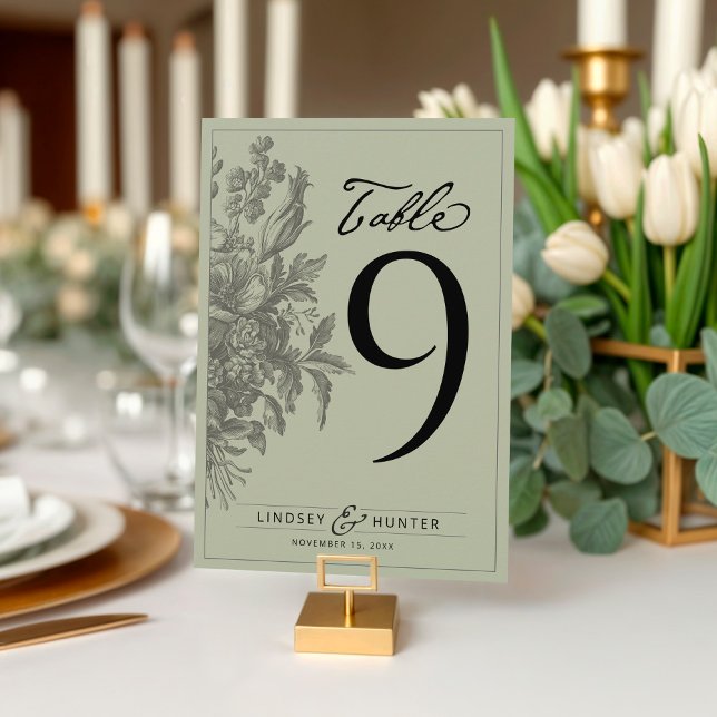 Número de mesa de boda en verde salvia floral vint (Elegant vintage floral bouquet sage green & black simple wedding reception dinner table number card)