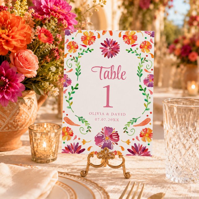 Número de mesa de boda Fiesta Floral Mexicana Blan (White Mexican Floral Fiesta Wedding Table Number)