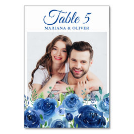 Número de mesa de boda floral azul marino con foto