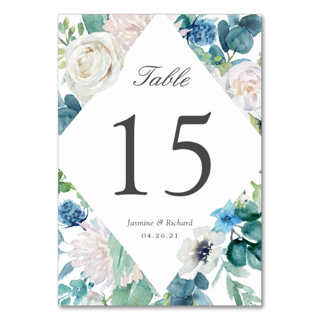 Número de mesa de boda floral azul salvia (Reverso)