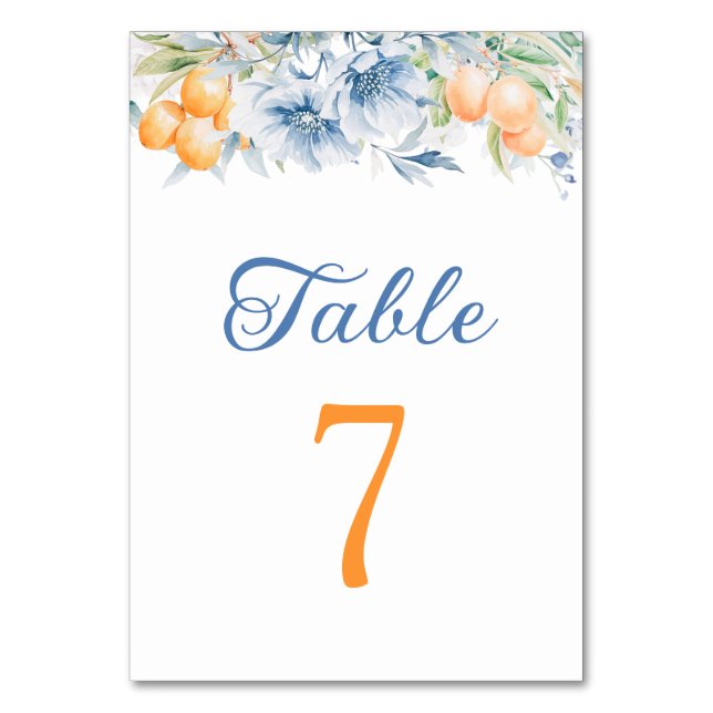 Número de Mesa de Boda Floral Azul y Limón (Anverso)