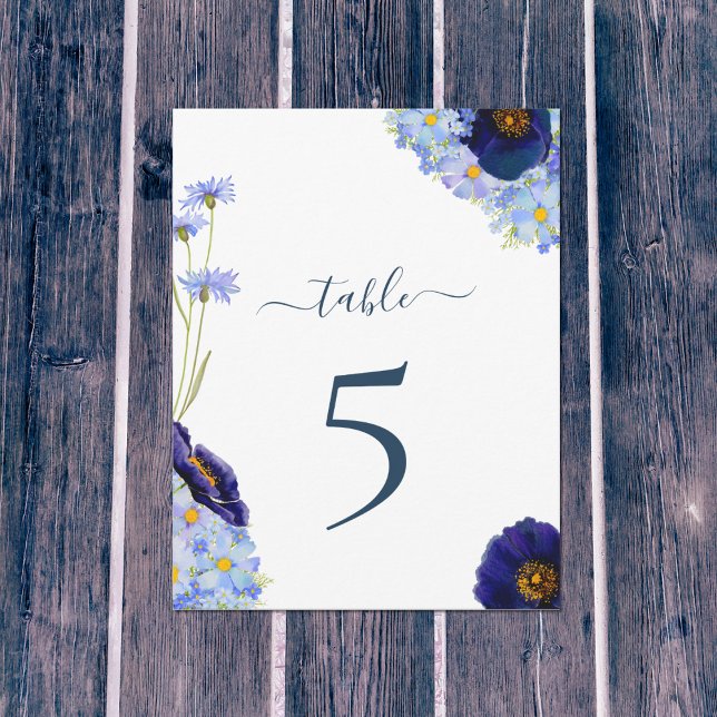 Número de Mesa de Boda Floral Boho Azul (Modern wildflower watercolor artwork by artist Catherine Sweetman )