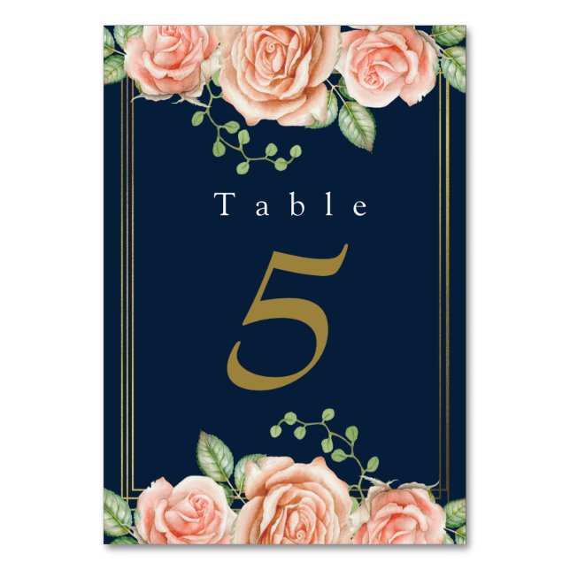 Número de mesa de boda floral con rubor dorado azu (Anverso)