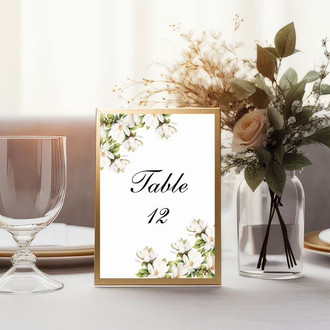 Número de mesa de boda floral de magnolia blanca e (White Magnolia Floral Elegant Table number cards for wedding Rehearsal Dinner)