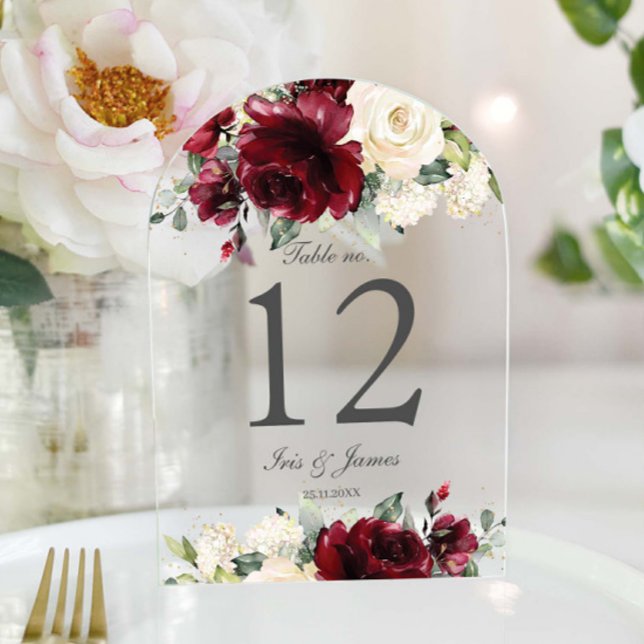 Número de mesa de boda floral de marfil borgoña rú (Subido por el creador)