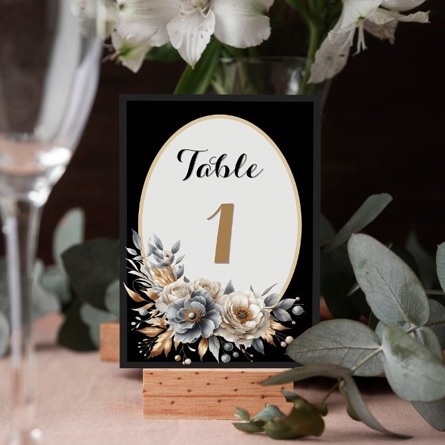 Número de mesa de boda floral de oro negro elegant (Elegant Black Gold Floral Wedding Table Number Card)