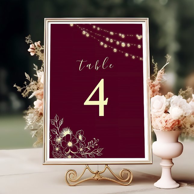 Número de mesa de boda floral dorado de Borgoña (Subido por el creador)
