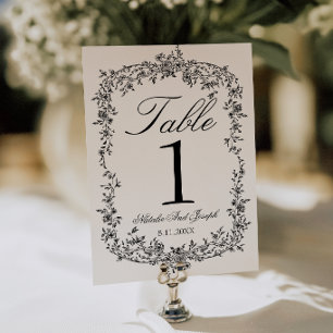 Número de mesa de boda floral en blanco y negro co