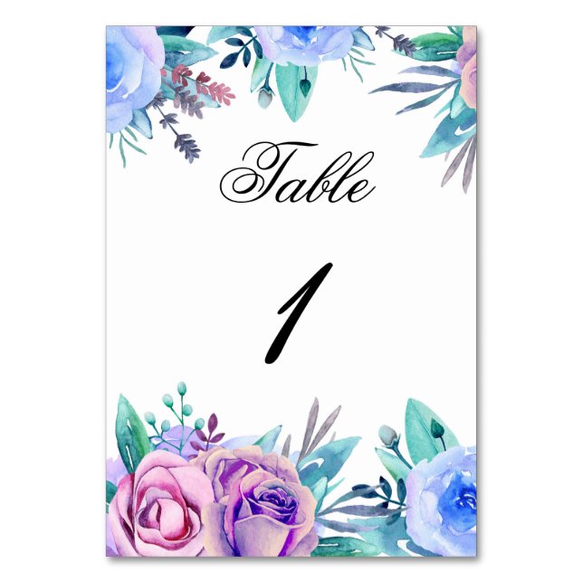 Número de mesa de boda floral. Flores azules púrpu (Anverso)