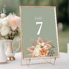 Número de mesa de boda floral melocotón verde salv