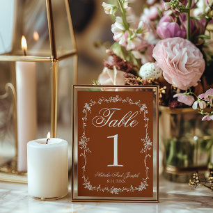Número de mesa de boda Floral Naranja Quemada Old 