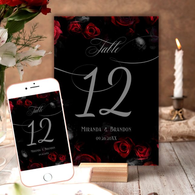 Número de Mesa de Boda Floral Negro y Rojo Elegant (Subido por el creador)
