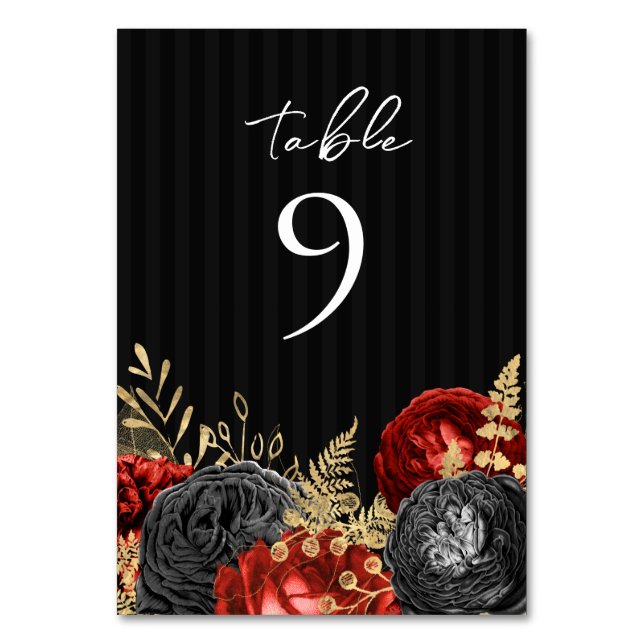 Número de mesa de boda floral rojo y negro gótico (Anverso)