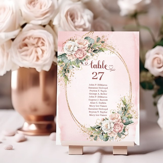 Número de mesa de boda floral rosa moderno con dor (Modern Blush Pink Floral Gold Wedding Table Number)