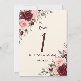 Número de mesa de boda floral rosa y borgoña