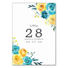 Número de mesa de boda floral turquesa y amarillo
