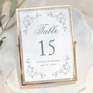 Número de mesa de boda floral vintage verde salvia