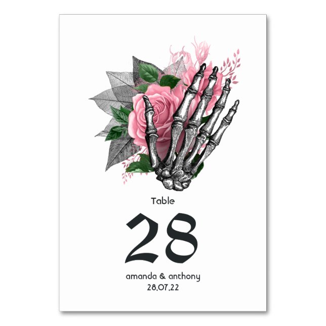 Número de mesa de boda gótico esqueleto floral ros (Anverso)