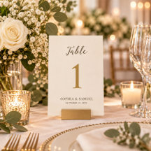 Número de mesa de boda minimalista de marfil y oro