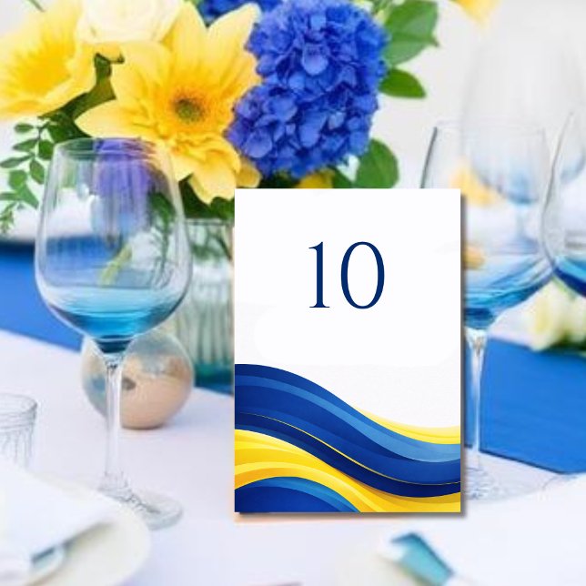 Número de Mesa de Boda Moderna Azul Cobalto y Amar (Cobalt Blue and Yellow Modern Wedding Table Number)