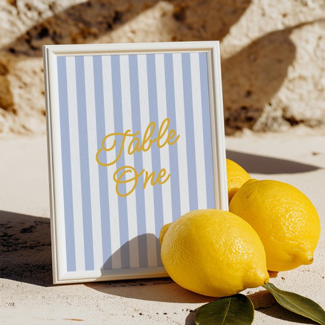 Número de Mesa de Boda Moderno con Rayas Amarillas (Modern Yellow & Blue Striped Wedding Table Number)