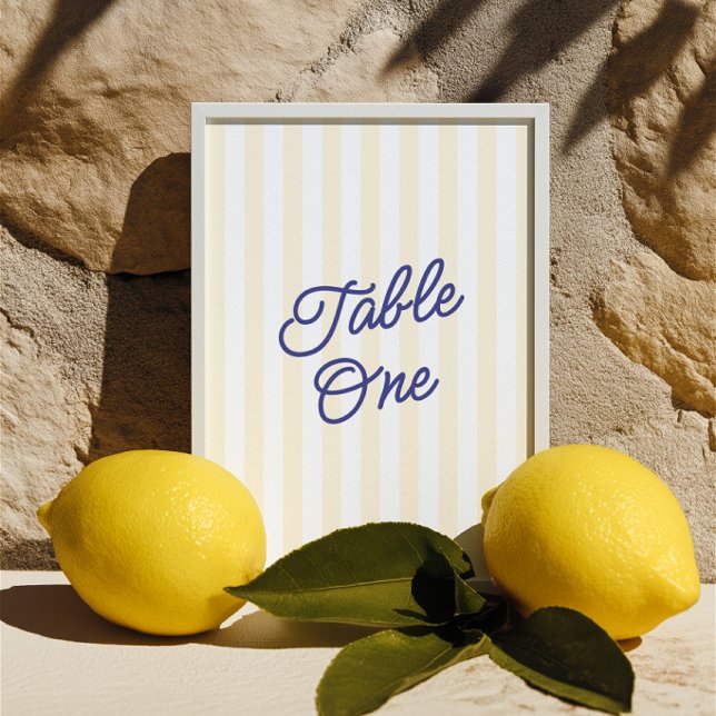 Número de Mesa de Boda Moderno con Rayas Azules y  (Modern Blue & Yellow Striped Wedding Table Number)
