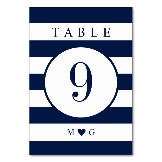 Número de mesa de boda monogramado de rayas náutic (Anverso)