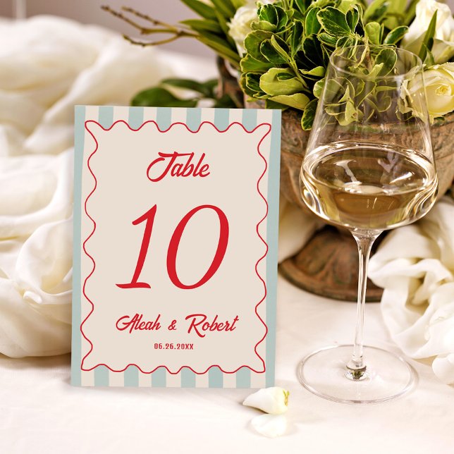 Número de mesa de boda retro con guión rojo y líne (Subido por el creador)
