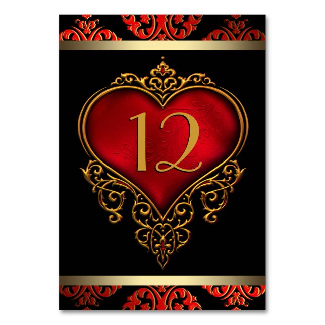 Número de mesa de boda rojo negro y dorado (Anverso)