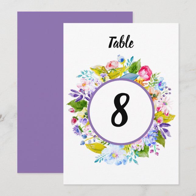 Número de mesa de boda romántica con flores morada (Anverso / Reverso)