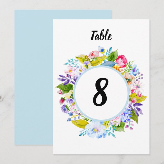 Número de mesa de boda romántico con flores azules (Anverso / Reverso)